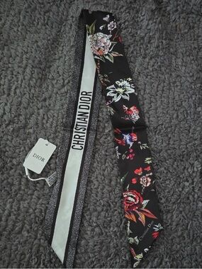 Christian Dior Black Multicolor Floral Silk Mitzah Bag Scarf